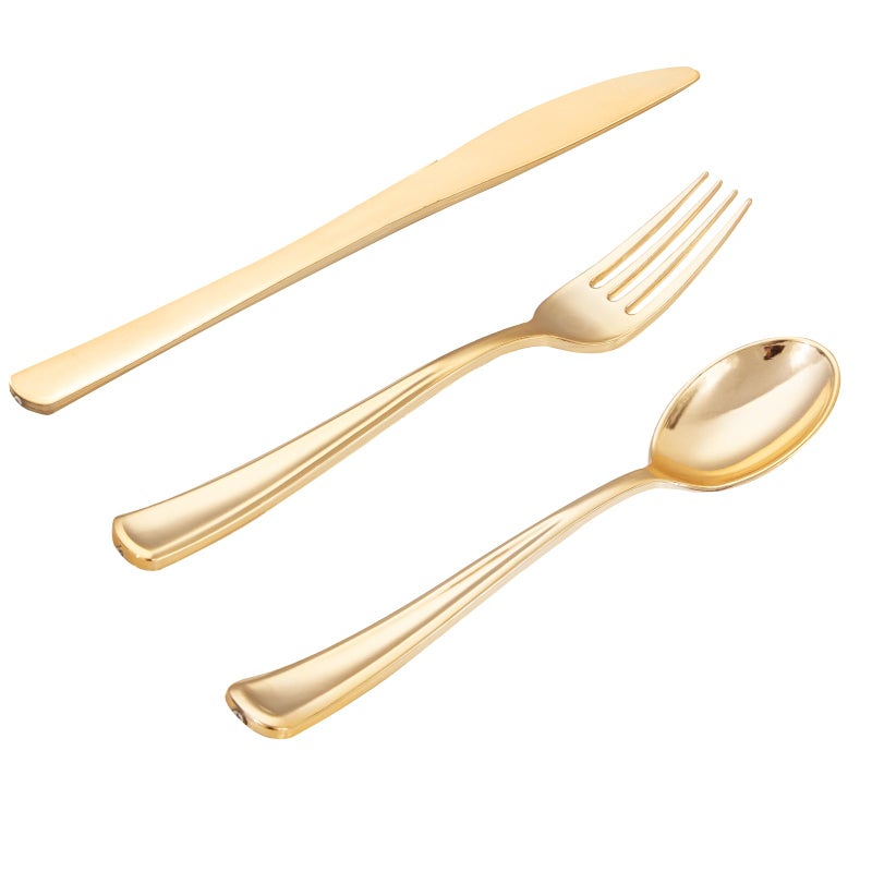 طقم أدوات المائدة البلاستيكية الذهبية 500 قطعة القابل للتصرف