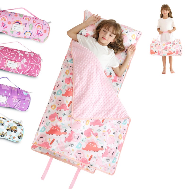 lasoftan Toddler Nap Mat for Preschool 50''x30'' Sleeping Mat with Removable Pillow and Minky Blanket for Kids Ages 3-7 Roll Up Soft Sleeping Bag for Boys Girls Kindergarten Daycare Sleepover - Pink Dinosaur - Image 1