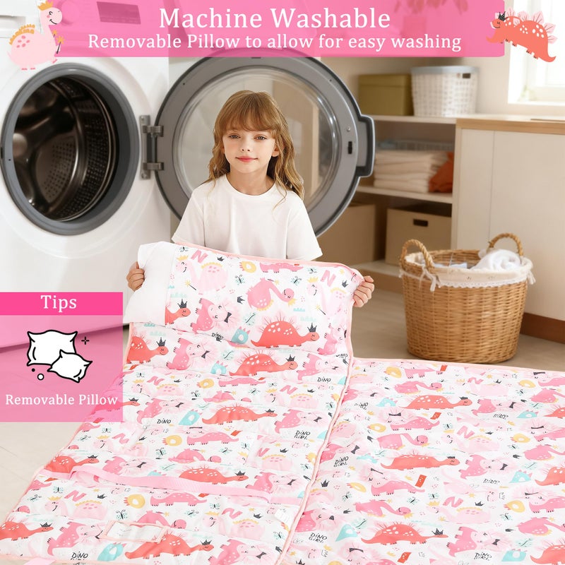 lasoftan Toddler Nap Mat for Preschool 50''x30'' Sleeping Mat with Removable Pillow and Minky Blanket for Kids Ages 3-7 Roll Up Soft Sleeping Bag for Boys Girls Kindergarten Daycare Sleepover - Pink Dinosaur - Image 5