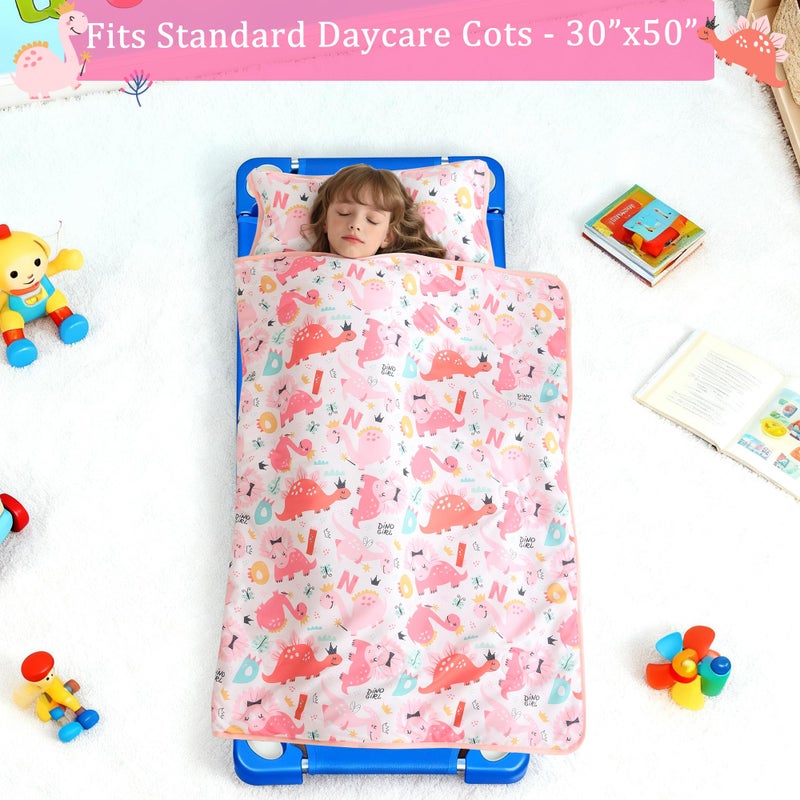 lasoftan Toddler Nap Mat for Preschool 50''x30'' Sleeping Mat with Removable Pillow and Minky Blanket for Kids Ages 3-7 Roll Up Soft Sleeping Bag for Boys Girls Kindergarten Daycare Sleepover - Pink Dinosaur - Image 3
