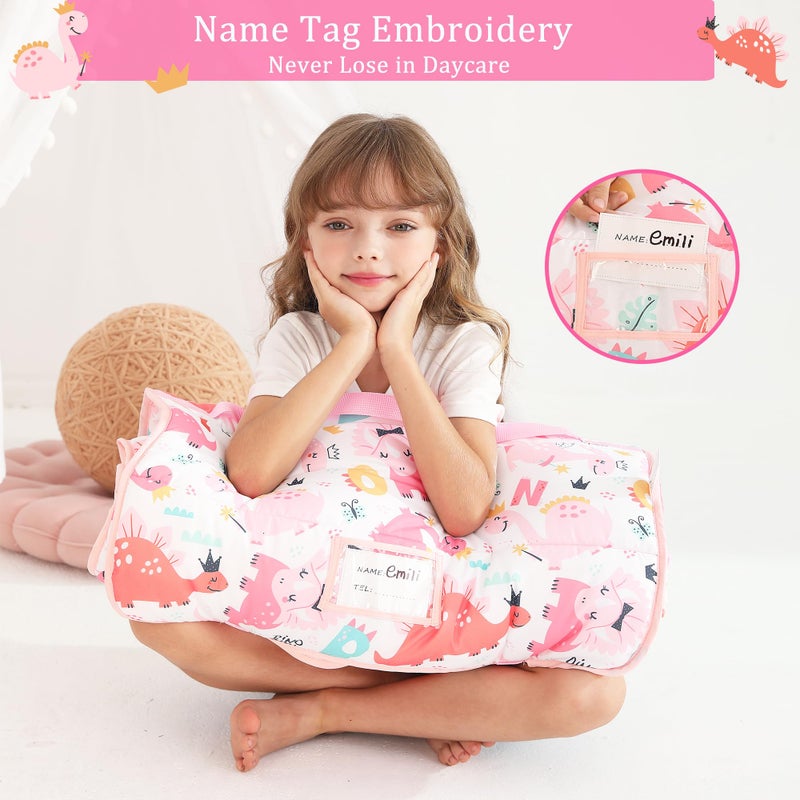 lasoftan Toddler Nap Mat for Preschool 50''x30'' Sleeping Mat with Removable Pillow and Minky Blanket for Kids Ages 3-7 Roll Up Soft Sleeping Bag for Boys Girls Kindergarten Daycare Sleepover - Pink Dinosaur - Image 4