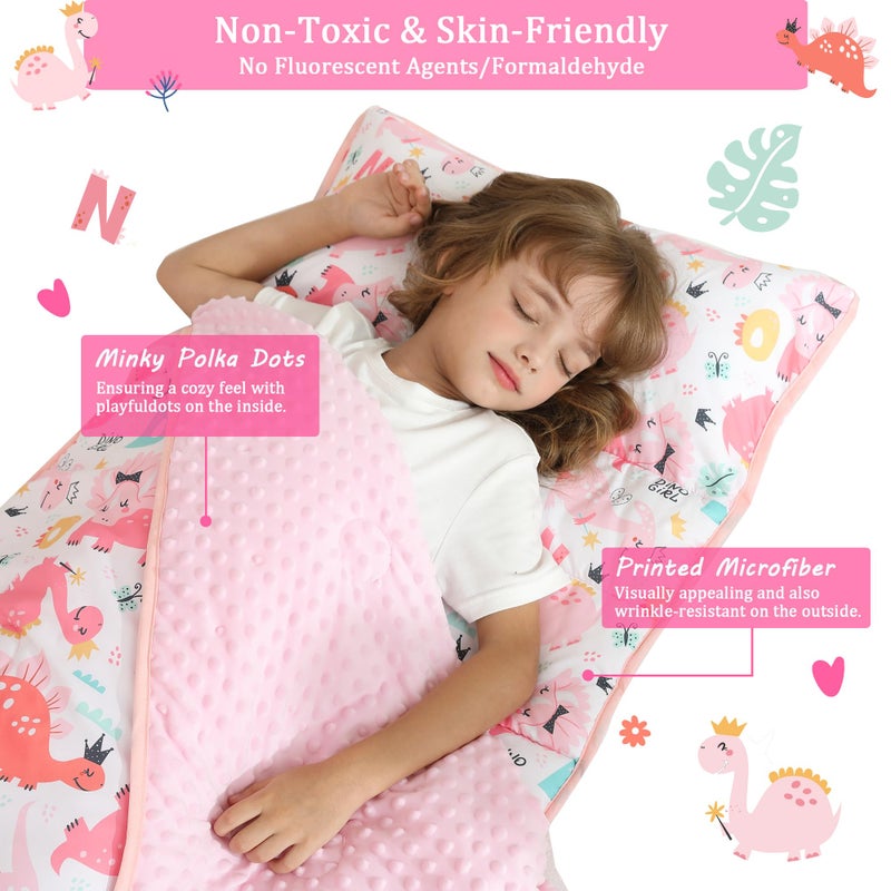 lasoftan Toddler Nap Mat for Preschool 50''x30'' Sleeping Mat with Removable Pillow and Minky Blanket for Kids Ages 3-7 Roll Up Soft Sleeping Bag for Boys Girls Kindergarten Daycare Sleepover - Pink Dinosaur - Image 2