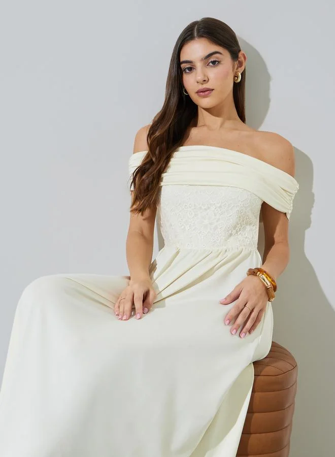 Styli Cream Lace Off Shoulder A-Line Maxi Dress