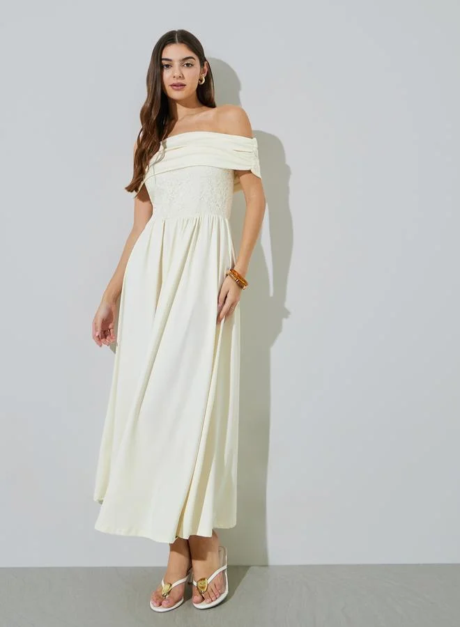 Styli Cream Lace Off Shoulder A-Line Maxi Dress