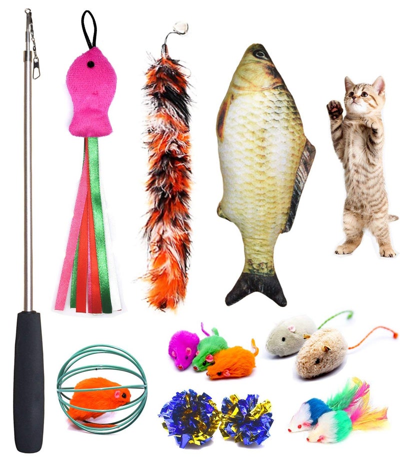 2FY2SW Cat Toys Set Cat Retractable Teaser Wand Catnip Fish Interactive Cat Feather Toy Mylar Crincle Balls Two Cotton Mice Four Fluffy Mouse - Image 2