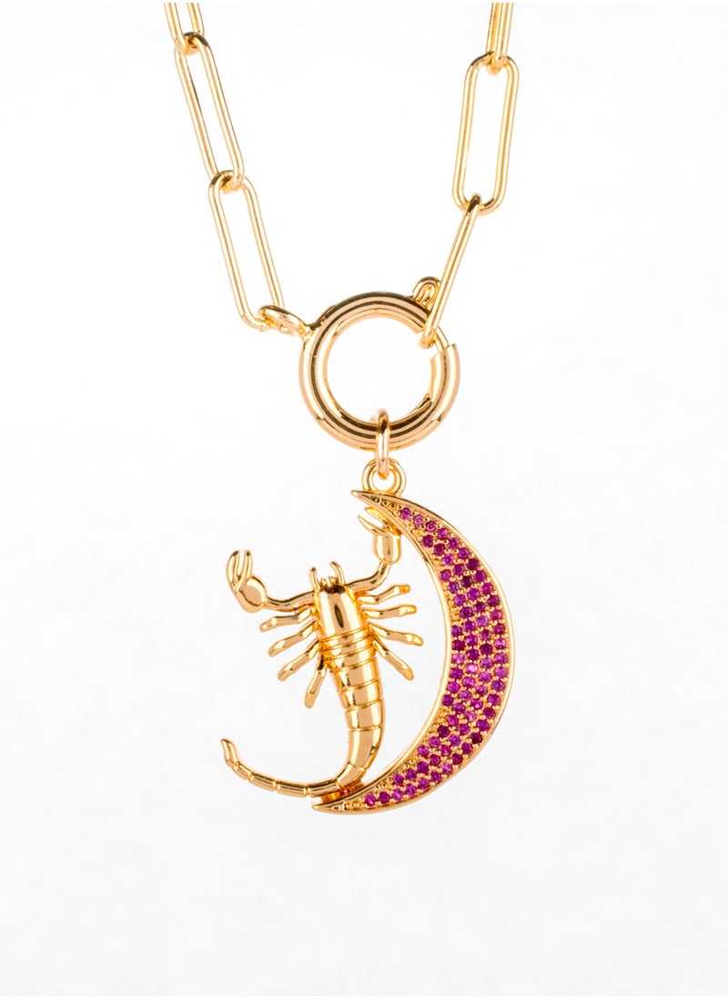 The Black Pearl Accessories - Chinese Gold Necklace - Scorpion & Crscent with Micro Pink Stones - Image 1