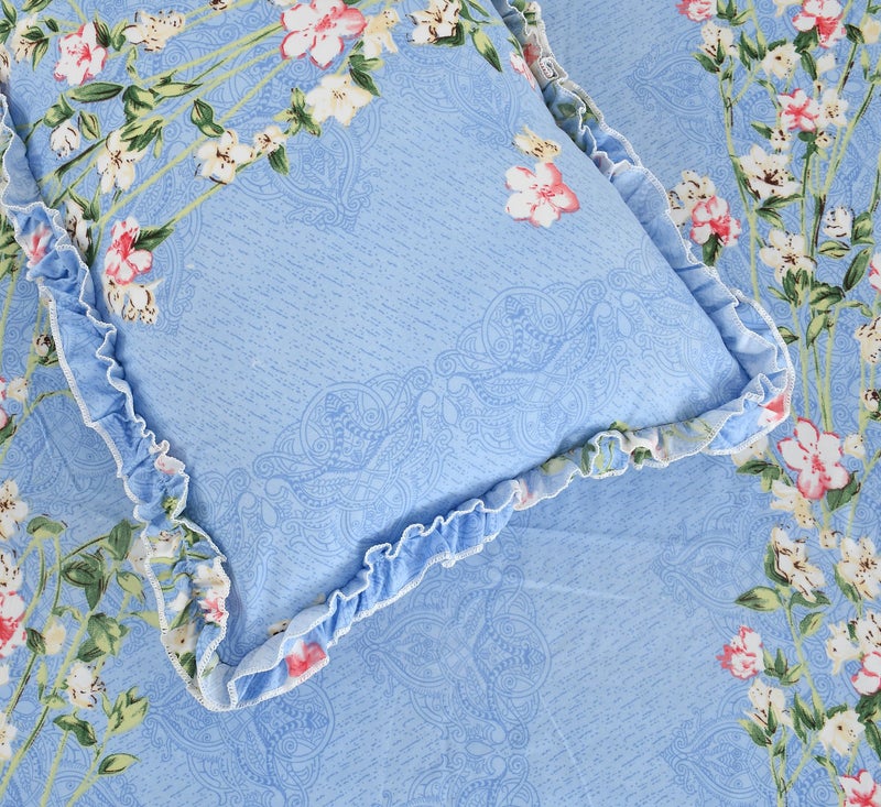 LCF Luxmi Cotton Fabrics | Designer 5 Piece Decorative Frill Bedding Set (2 Decorative Frill Pillow Covers + 2 Decorative Frill Heart Shaped Cushion Covers + 1 Queen Size Bedsheet) (Blue) - Image 3