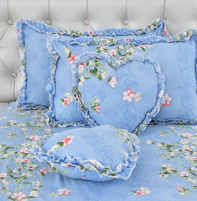 LCF Luxmi Cotton Fabrics | Designer 5 Piece Decorative Frill Bedding Set (2 Decorative Frill Pillow Covers + 2 Decorative Frill Heart Shaped Cushion Covers + 1 Queen Size Bedsheet) (Blue) - Image 2