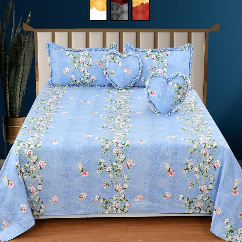 LCF Luxmi Cotton Fabrics | Designer 5 Piece Decorative Frill Bedding Set (2 Decorative Frill Pillow Covers + 2 Decorative Frill Heart Shaped Cushion Covers + 1 Queen Size Bedsheet) (Blue) - Image 1