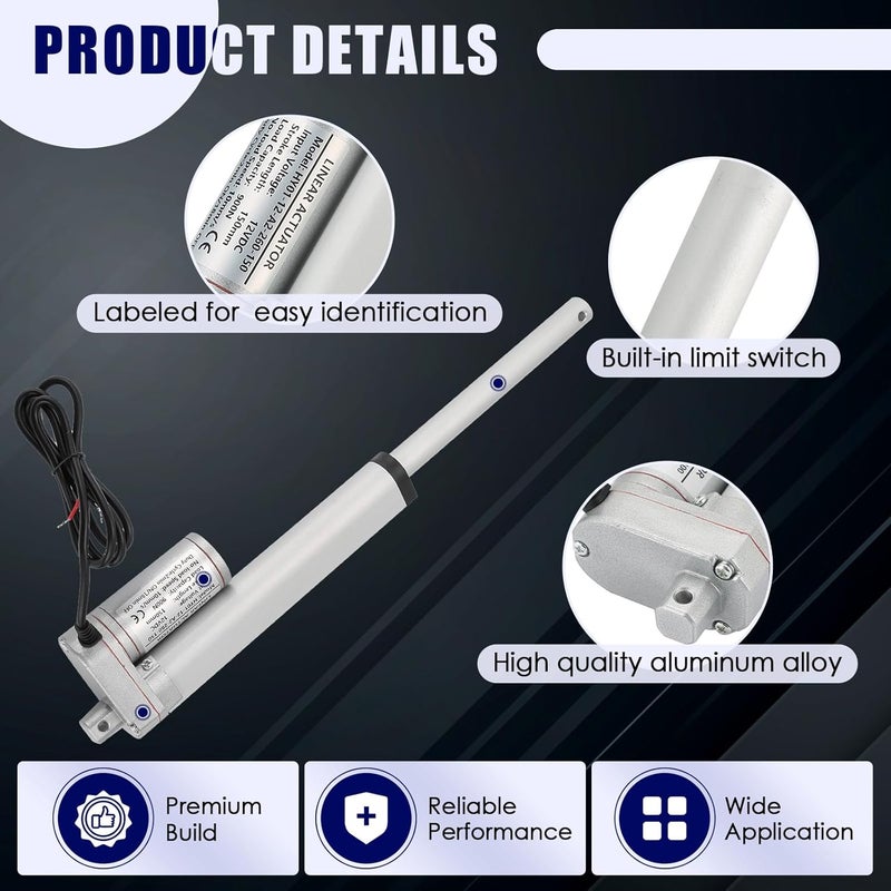 MAOPINER محرك خطي بجهد 12 فولت وطول 6 بوصات مع حامل تثبيت 900 نيوتن (202 رطل) أقصى رفع 10 مم/ثانية لكرسي الاسترخاء ورفع طاولة التلفاز وسرير التدليك والأريكة الكهربائية - Image 3
