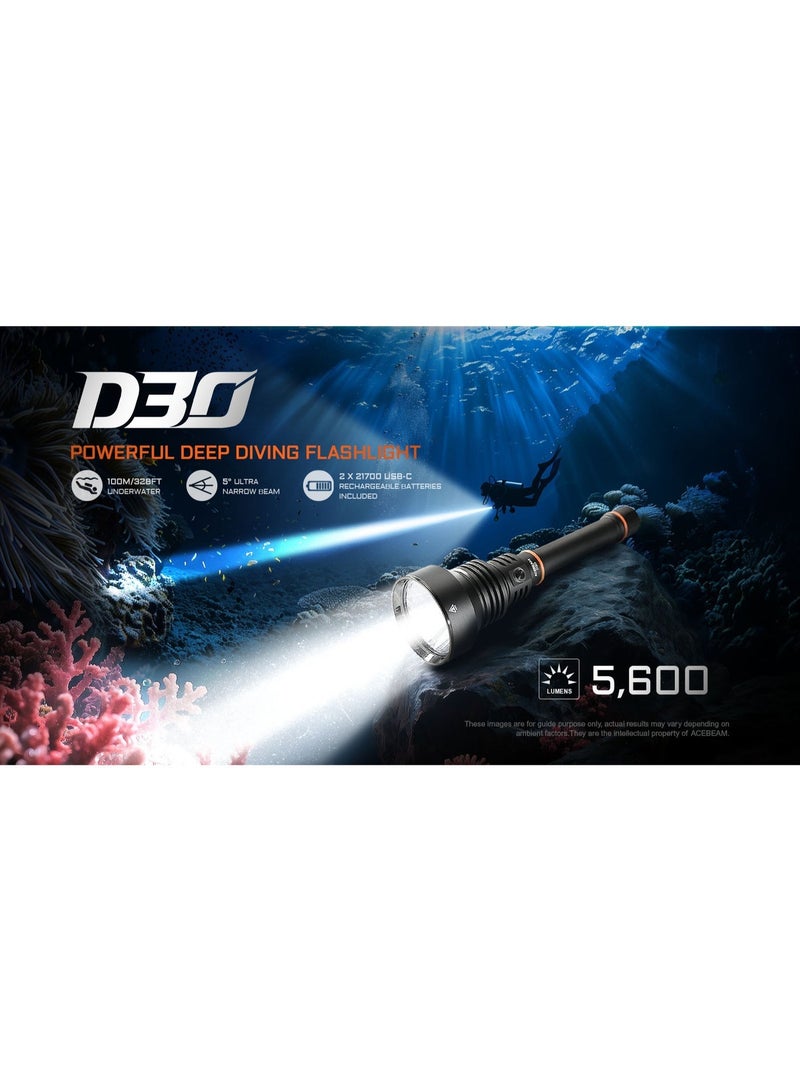 Acebeam D30 5600 Lumens Diving Flashlight, 1454 Meters Beam Distance, 100 Meter Waterproof Rating (Scuba Diving, Underwater Exploration, Deep Sea Fishing) - Image 3