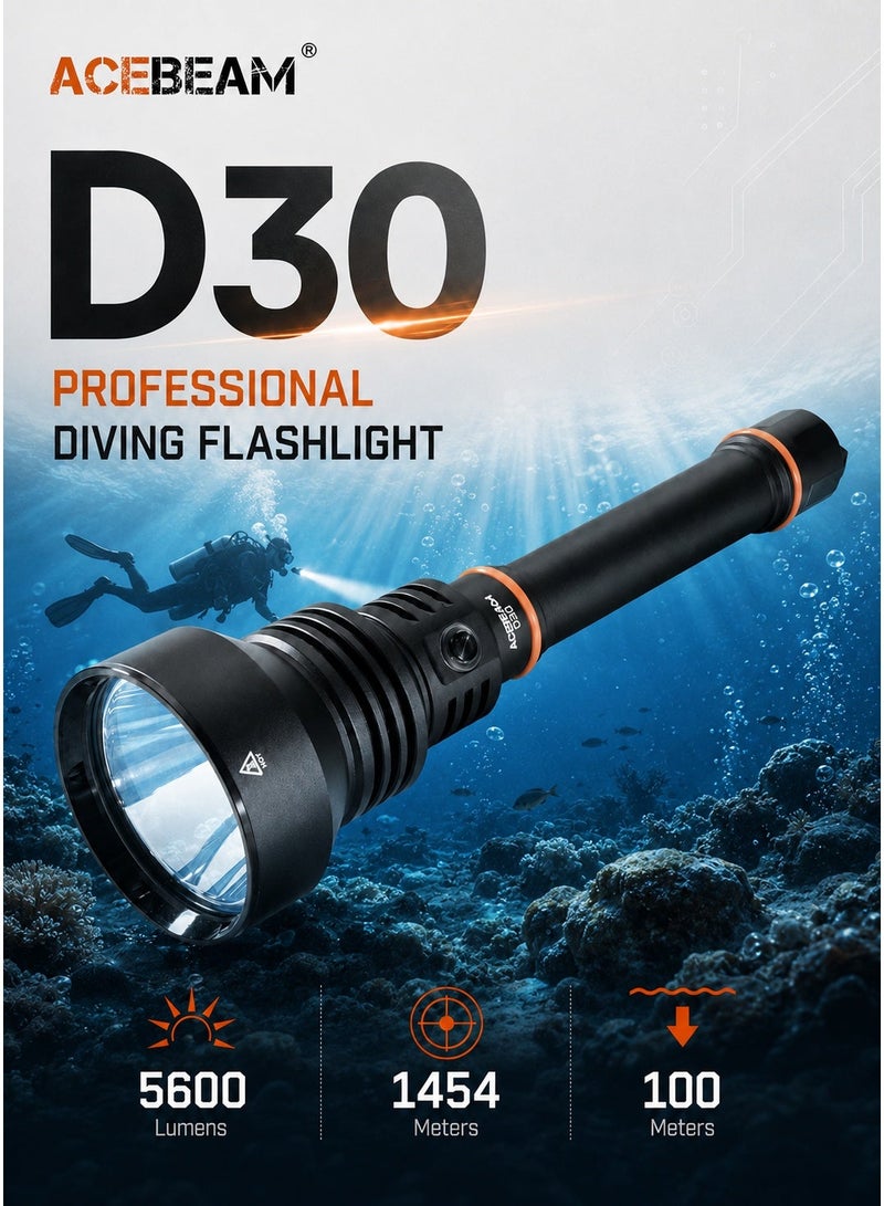 ACEBEAM مصباح الغوص Acebeam D30 بقوة 5600 لومن، مسافة شعاع 1454 متر، مقاومة للماء حتى عمق 100 متر (الغوص السكوبا، الاستكشاف تحت الماء، صيد الأسماك في أعماق البحار) - Image 1