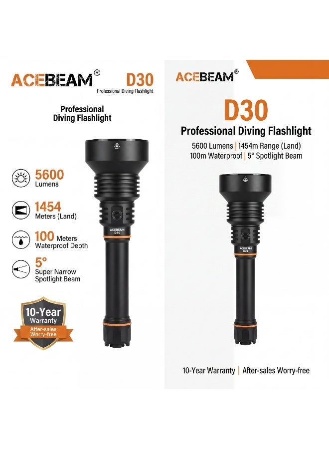 ACEBEAM مصباح الغوص Acebeam D30 بقوة 5600 لومن، مسافة شعاع 1454 متر، مقاومة للماء حتى عمق 100 متر (الغوص السكوبا، الاستكشاف تحت الماء، صيد الأسماك في أعماق البحار) - Image 2
