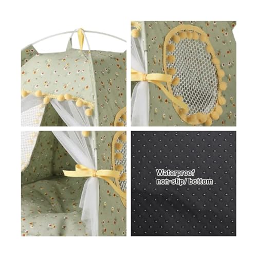 Selena Cat Bed Tents Dog House Indoor Outdoor Lace Mesh Breathable Windows Door Curtains Removable Portable Nest Teepe House (Small,Green&Yellow) - Image 3