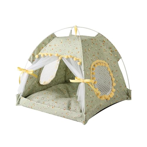 Selena Cat Bed Tents Dog House Indoor Outdoor Lace Mesh Breathable Windows Door Curtains Removable Portable Nest Teepe House (Small,Green&Yellow) - Image 1