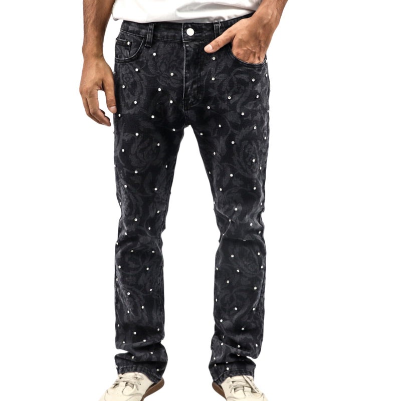 FantasyGears Men Rhinestone Skinny Ripped Jeans Y2k Stretch Slim Fit Stacked Jeans Grunge Denim Pants (US, Alpha, Medium, Regular, Regular, Black#2) - Image 1