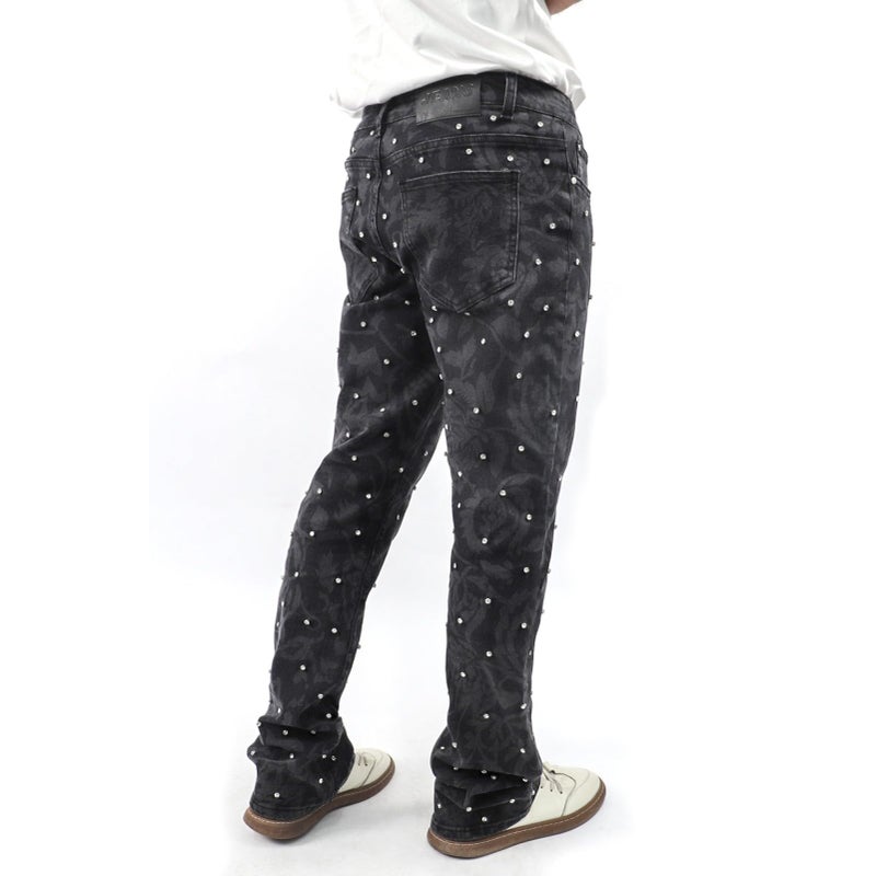 FantasyGears Men Rhinestone Skinny Ripped Jeans Y2k Stretch Slim Fit Stacked Jeans Grunge Denim Pants (US, Alpha, Medium, Regular, Regular, Black#2) - Image 4