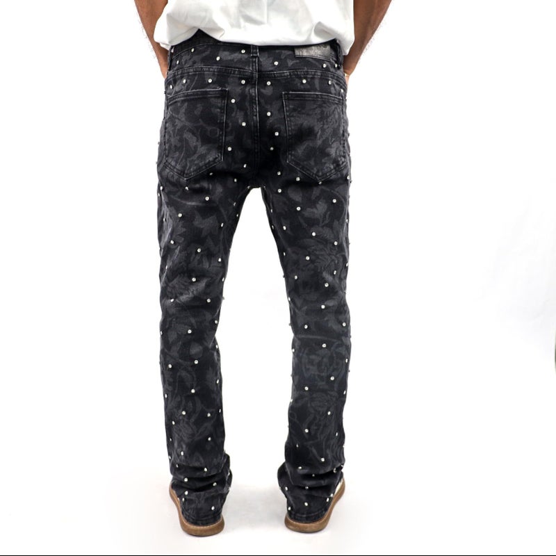 FantasyGears Men Rhinestone Skinny Ripped Jeans Y2k Stretch Slim Fit Stacked Jeans Grunge Denim Pants (US, Alpha, Medium, Regular, Regular, Black#2) - Image 3