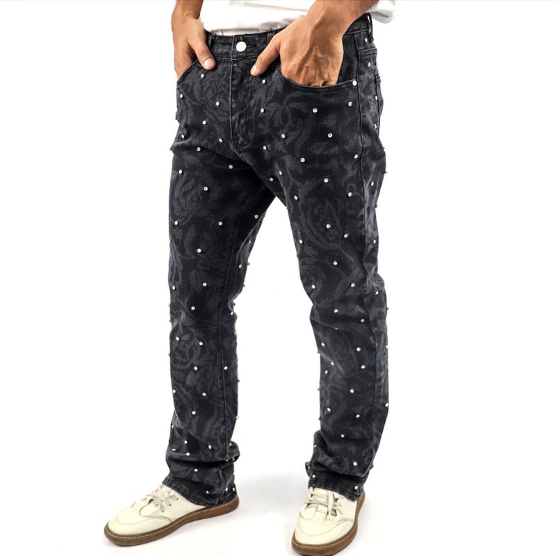 FantasyGears Men Rhinestone Skinny Ripped Jeans Y2k Stretch Slim Fit Stacked Jeans Grunge Denim Pants (US, Alpha, Medium, Regular, Regular, Black#2) - Image 2