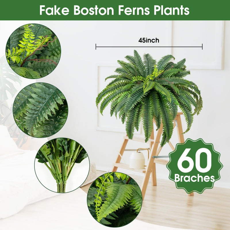CQURE 45" Fake Ferns Artificial Plants Large,Set of 2 Artificial Boston Ferns Faux Hanging Fake Plants for Outdoors Planter Home Garden Decor,60 Branches - Image 3