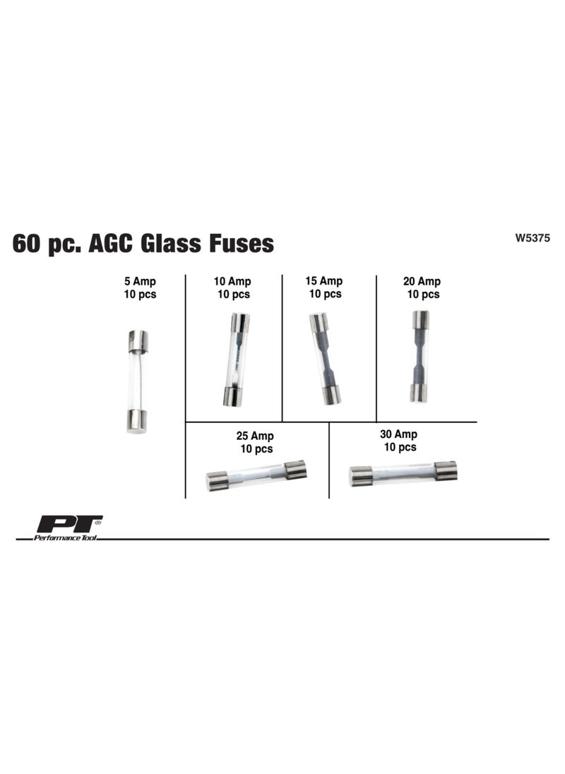 Performance Tool Performance Tool W5375 60pc AGC Glass Fuse Assortment (5A, 10A, 15A, 20A, 25A, and 30A) in a Clear Plastic Case  - Image 2