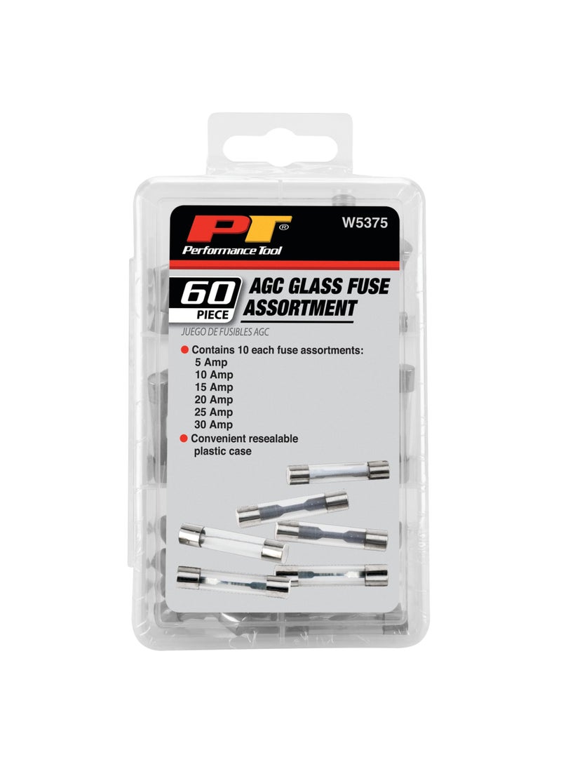 Performance Tool Performance Tool W5375 60pc AGC Glass Fuse Assortment (5A, 10A, 15A, 20A, 25A, and 30A) in a Clear Plastic Case  - Image 4