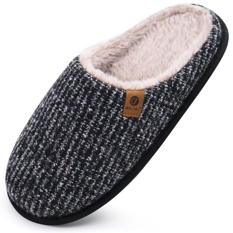 ONCAI Mens Black Knit Stripes Cozy Memory Foam scuff Slippers Slip On Warm Faux Fur House Shoes Indoor/Outdoor With Best Arch Surpport Size 11 - Image 1
