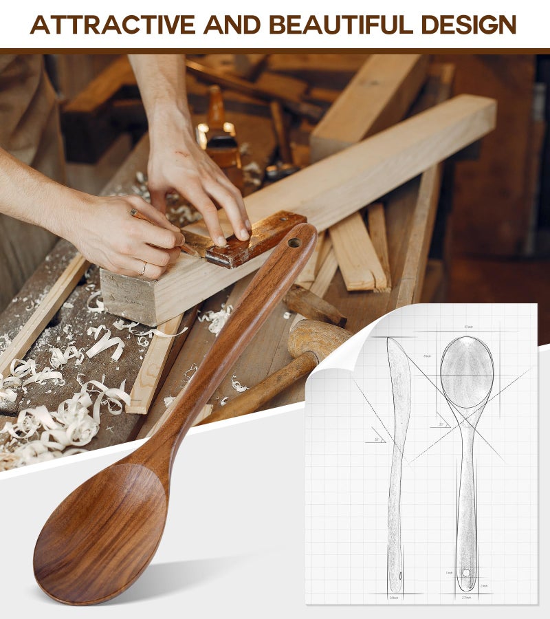ICSTI Wooden Spoons for Cooking, Natural Premium Teak Wooden Spoons, Good Grip Large Cooking Spoons and Wooden Spatula, Heat Resistant Wooden Cooking Utensils for Nonstick Cookware Serving, Perfect Gifts - Image 4