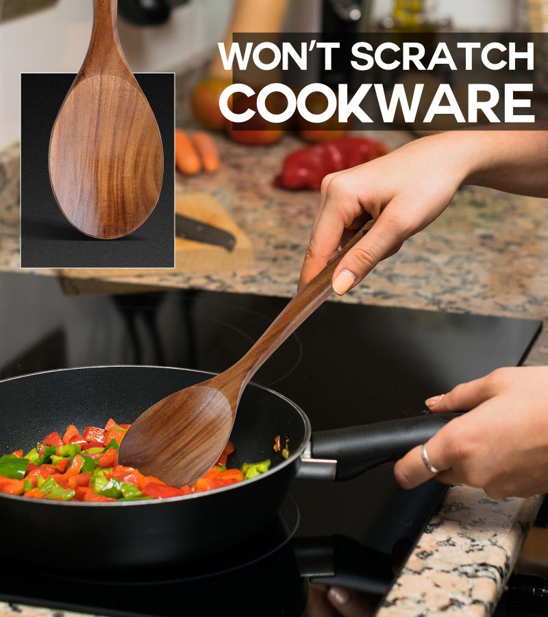 ICSTI Wooden Spoons for Cooking, Natural Premium Teak Wooden Spoons, Good Grip Large Cooking Spoons and Wooden Spatula, Heat Resistant Wooden Cooking Utensils for Nonstick Cookware Serving, Perfect Gifts - Image 3