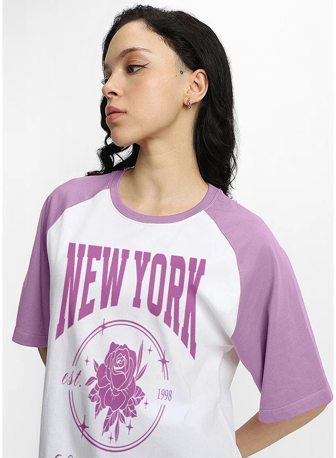 جونبيري تيشيرت قطني مطبوع بلون الليلكي والأبيض للنساء