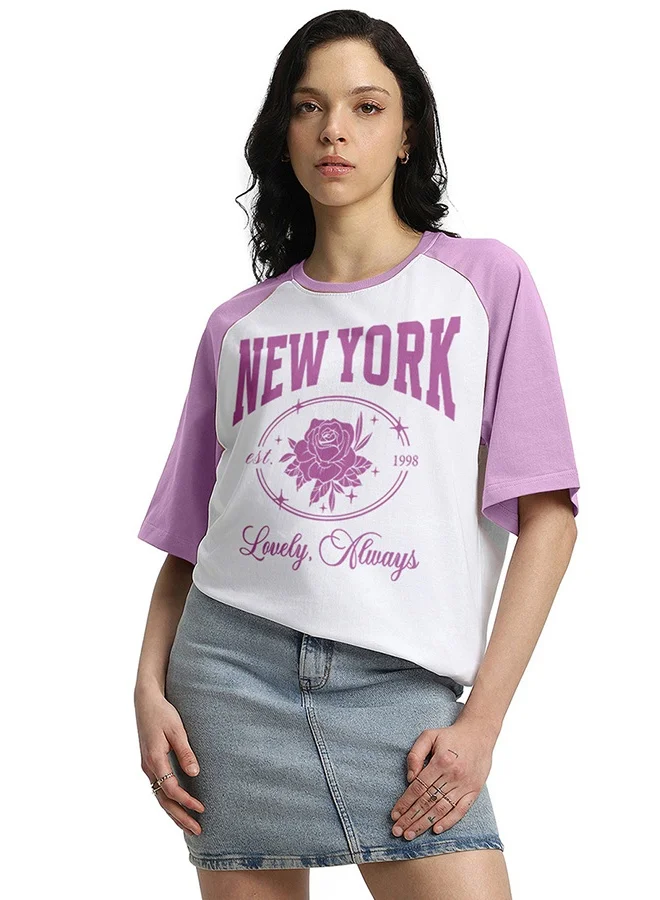 جونبيري تيشيرت قطني مطبوع بلون الليلكي والأبيض للنساء