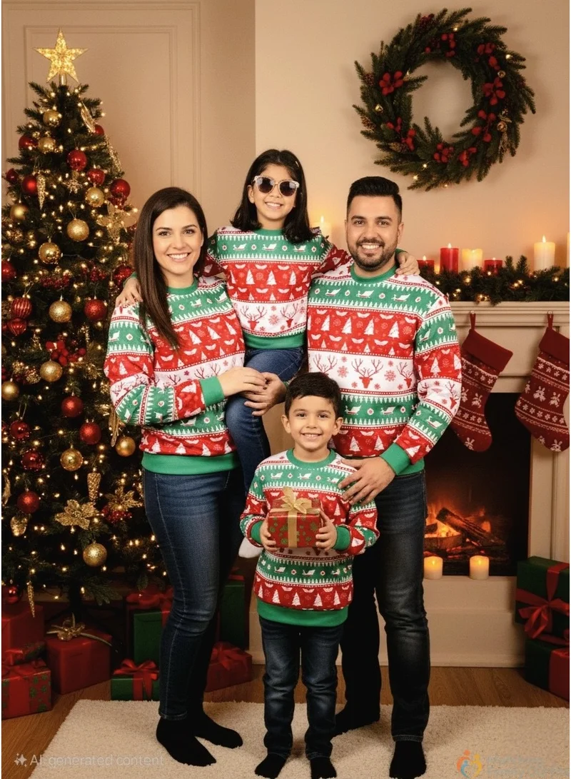 Matching Family Christmas Sweatshirts | Red & Green Reindeer & Tree Print Pullover | Festive Holiday Matching Outfits for Mom, Dad & Kids | Cozy Unisex Christmas Jumper for Family Photos