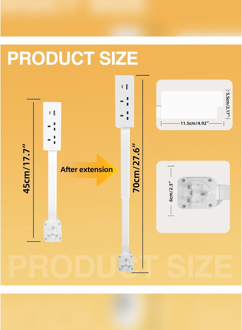 وين هولدر مُوسِّع مقبس كهربائي مزوّد بمنافذ USB-A وUSB-C بالإضافة إلى مقبسين كهربائيين. يمتد من 22 إلى 27 بوصة ويدور بزاوية 180 درجة، مما يجعله مثاليًا للمساحات صعبة الوصول. مناسب للاستخدام خلف الأرائك، والطاولات الجانبية، والمكاتب، وغير ذلك. - Image 2
