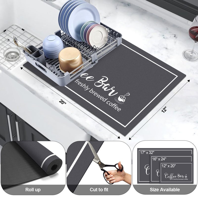 Findosom Dish Drying Mat, 12"x 20" Super Absorbent & Hide Stain Coffee Mat, Cuttable Drying Mat for Kitchen Counter, Coffee Bar Accessories, Under Dish Rack, Coffee Maker, Espresso Machine, DarkGrey - Image 2