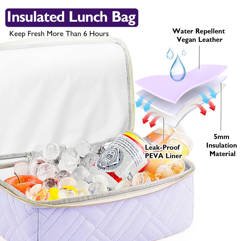 GLORIEROO Lunch Box Bag Women Girls - Double Deck Vegan Leather Insulated Waterproof Leakproof Cooler for Work Travel Picnics - Back to School Teacher Mothers Day Christmas Birthday Gifts - Image 2
