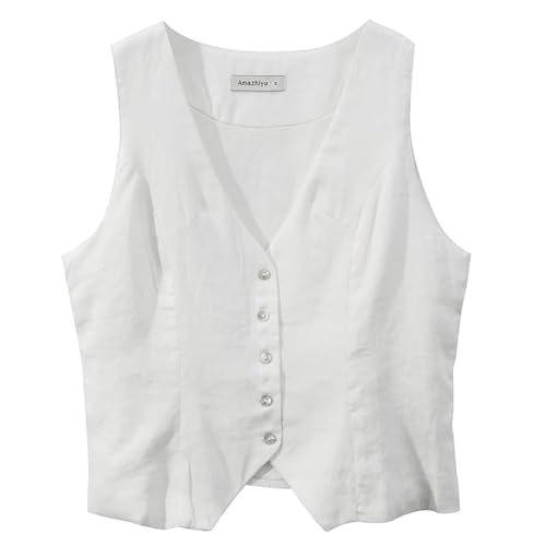 Amazhiyu Women‘s 100% Linen Waistcoat V Neck Sleeveless Button Down Crop Top Vest White, X-Small - Image 2