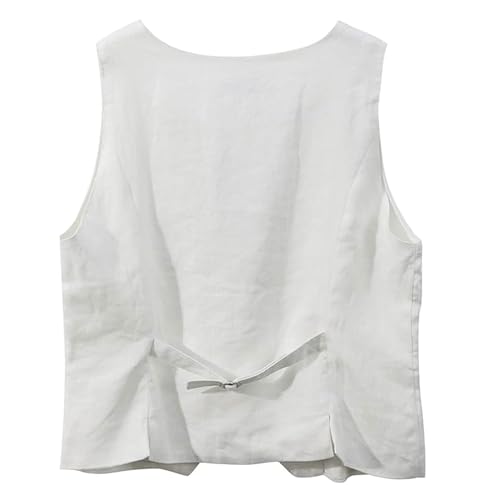 Amazhiyu Women‘s 100% Linen Waistcoat V Neck Sleeveless Button Down Crop Top Vest White, X-Small - Image 3