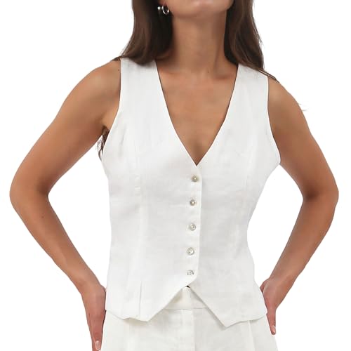 Amazhiyu Women‘s 100% Linen Waistcoat V Neck Sleeveless Button Down Crop Top Vest White, X-Small - Image 1