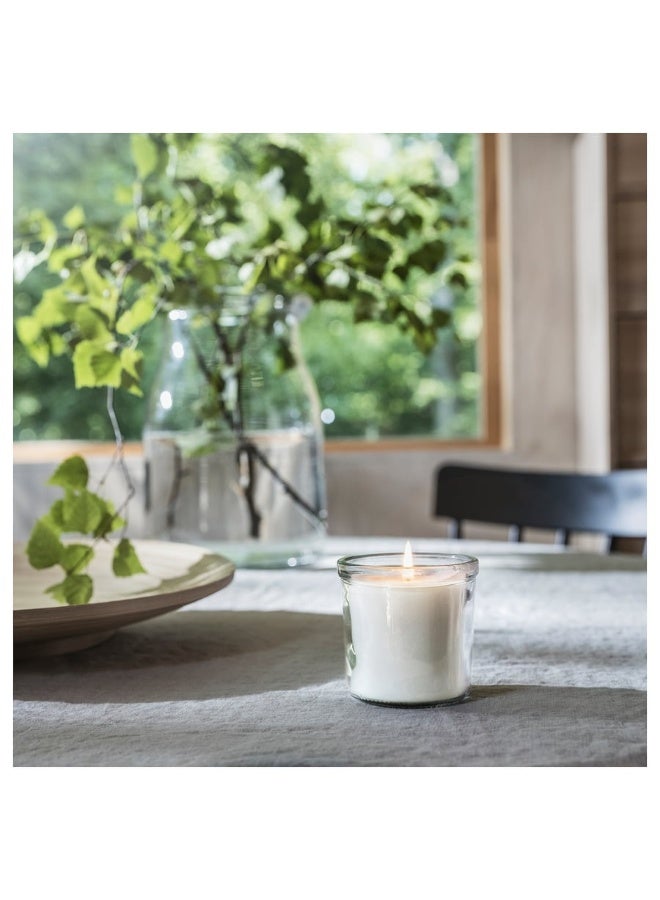Ikea Candle in a glass jar with a fragrant Scandinavian Woods scent - 20-hour burn time - Snow-white wax to perfume the home with a clean and fresh fragrance - Simple and attractive design suitable for bedrooms and offices - Image 5
