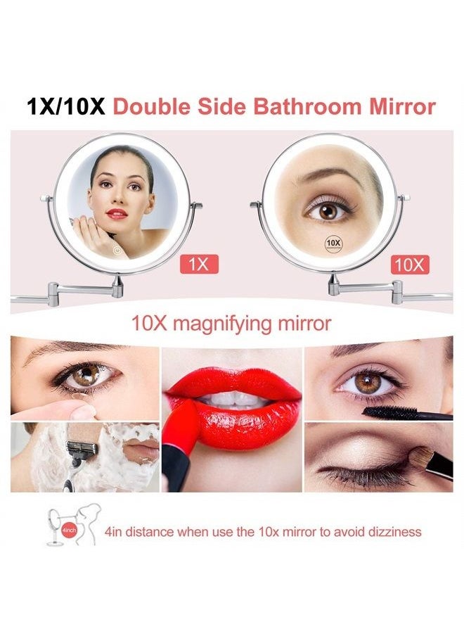 FUNTOUCH Rechargeable Wall Mounted Lighted Makeup Vanity Mirror 8 Inch Double Sided 1X 10X Magnifying Bathroom Mirror, 3 Color Lighting, Touch Screen Dimming, Extended Arm 360 Rotation Shaving Light up Mirror  - Image 4