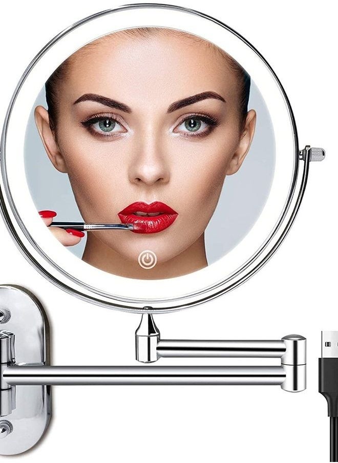 FUNTOUCH Rechargeable Wall Mounted Lighted Makeup Vanity Mirror 8 Inch Double Sided 1X 10X Magnifying Bathroom Mirror, 3 Color Lighting, Touch Screen Dimming, Extended Arm 360 Rotation Shaving Light up Mirror  - Image 1