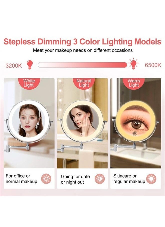 FUNTOUCH Rechargeable Wall Mounted Lighted Makeup Vanity Mirror 8 Inch Double Sided 1X 10X Magnifying Bathroom Mirror, 3 Color Lighting, Touch Screen Dimming, Extended Arm 360 Rotation Shaving Light up Mirror  - Image 3