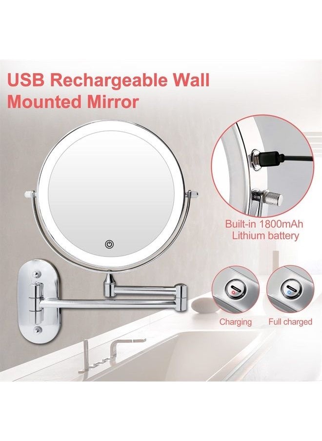 FUNTOUCH Rechargeable Wall Mounted Lighted Makeup Vanity Mirror 8 Inch Double Sided 1X 10X Magnifying Bathroom Mirror, 3 Color Lighting, Touch Screen Dimming, Extended Arm 360 Rotation Shaving Light up Mirror  - Image 2