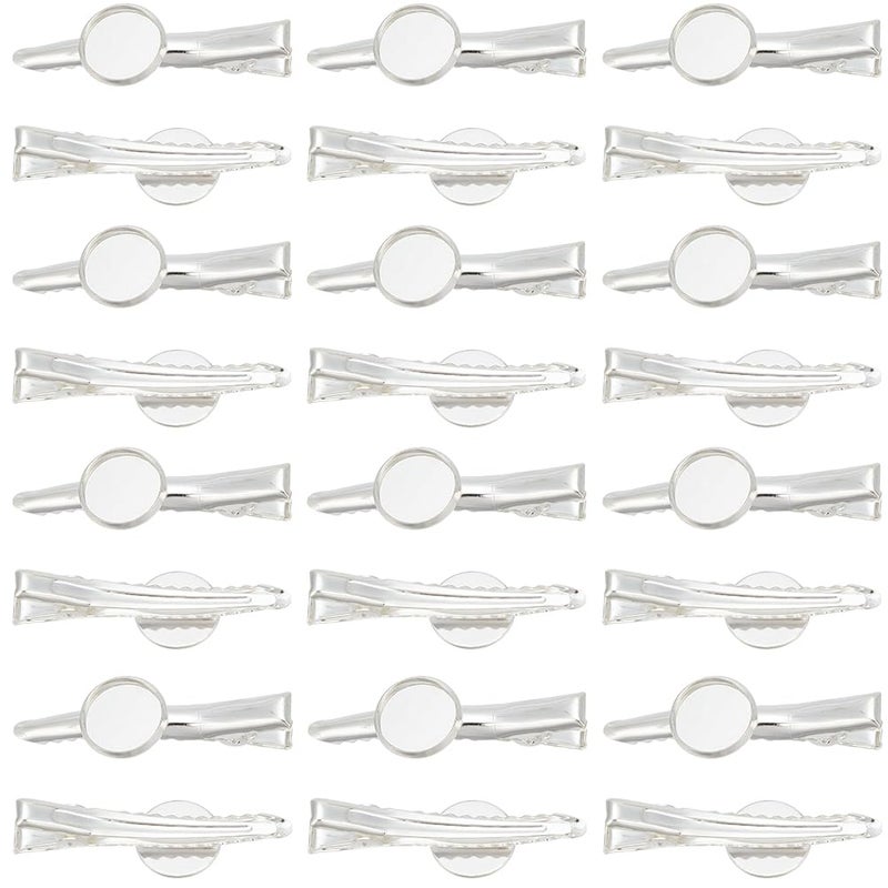 SUNNYCLUE 1 Box 30Pcs Cabochon Hair Clip Bulk Silver Alligator Clips Iron Bronze Barrette Round Cabochons Blank Base Trays Hairclip Settings for DIY Bows Hairs Holder Hairclips Craft Accessories Women