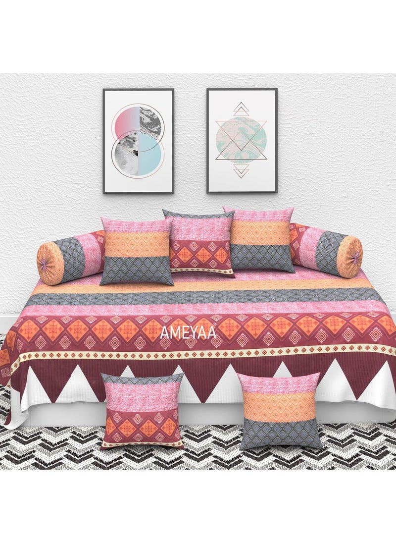 AMEYAA AMEYAA 350 TC Pure Glace Cotton Designer Printed Diwan Set Covers of 8 Pieces 5 Cushion Covers 2 Bolster Covers with 1 Single Bedsheet Diwan Cover Premium Microfiber 8 pcs Set Red Geo  - Image 1