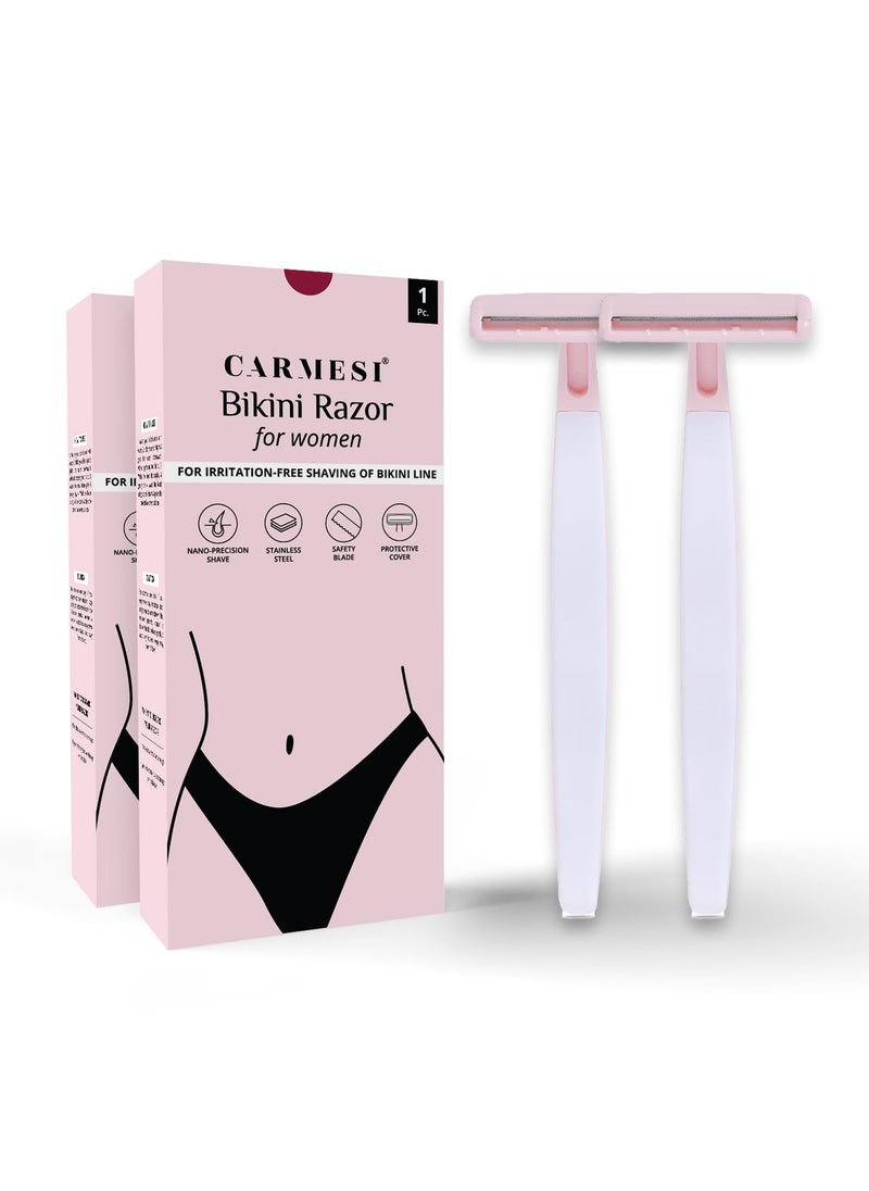 CARMESI Bikini Razor for Women | Irritation-Free Shaving of Bikini Line | Japanese Nano-Precision Blade & Ergonomic Handle | No Nicks, Cuts & Bumps | Smooth Gentle Shave | (Pack of 2) 