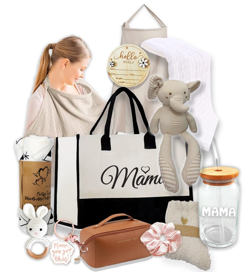 Beyond The Box New Mom, Mother to be Gift Basket, Care Package | Unique Gift Set for mom & Baby w/Newborn Essentials Expecting Moms Baby Shower After Labor Hospital Gift Variety Gift Bundle w/a Fancy Tote Bag - Image 1