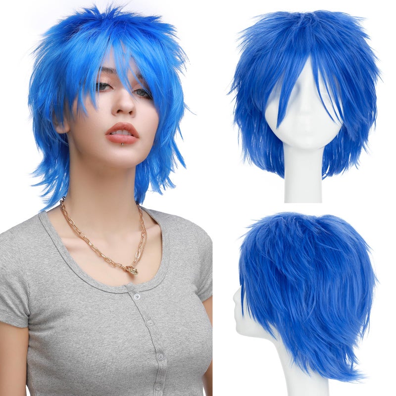 S-noilite Unisex Short Hair Wigs Fluffy Straight Spiky Synthetic Wig for Halloween Anime Cosplay Party Costume Dress Women Mens' Wig (Dark Blue) - Image 3