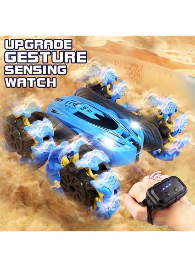 سيارة RC للأطفال من أومير، سيارة استعراض كهربائية 4WD بتردد 2.4GHz مع أضواء أمامية، تقلبات مزدوجة بزاوية 360°، تحكم مزدوج عبر التحكم عن بُعد/ساعة التحكم عن بُعد، سيارات RC للأولاد والبنات (زرقاء) - Image 5