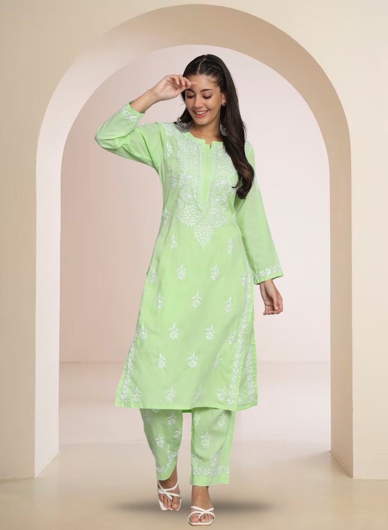 Alaya Women Hand Embroidered Chikankari Cotton Kurta Set-AL3674KS - Image 1
